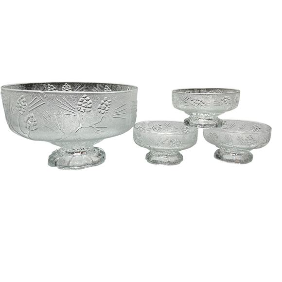 Vintage Indiana Glass Tiara Ponderosa Pine Serving Bowl and 3 Salad Bowls Clear - Picture 1 of 10